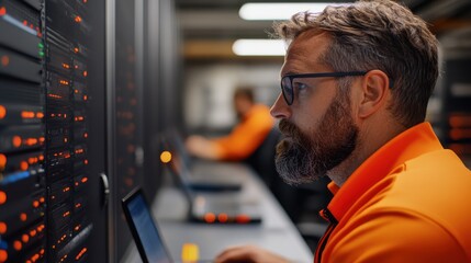 A focused individual working in a high-tech server room, examining data on his laptop amidst rows of servers with LED lights, reflecting modern IT infrastructure.