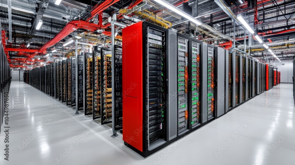 Poster modern data center with server racks, network equipment, and it infrastructure for cloud computing..