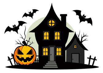 Halloween house Pumpkin with bat and moon silhouette vector illustration