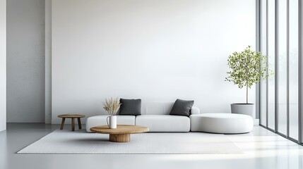  Minimalist living room interior with large windows and neutral tones.