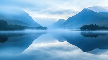 Obraz premium Misty lake view at dawn with mountains shrouded in fog