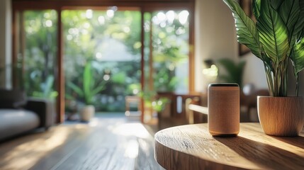 Modern Living Room with Smart Speaker and Garden View. Concept of smart home technology, voice-controlled devices, modern interior design, cozy living space, and home automation.