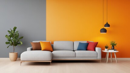 A stylish living room featuring a modern sofa with colorful pillows. The room is accentuated by a vibrant orange wall and decor, creating a lively atmosphere.