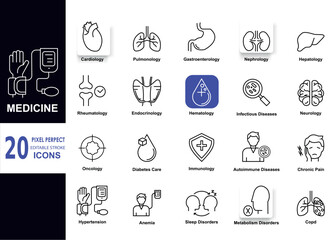 Set of icons for Internal Medicine. Pixel Perfect. Editable stroke. Vector illustration