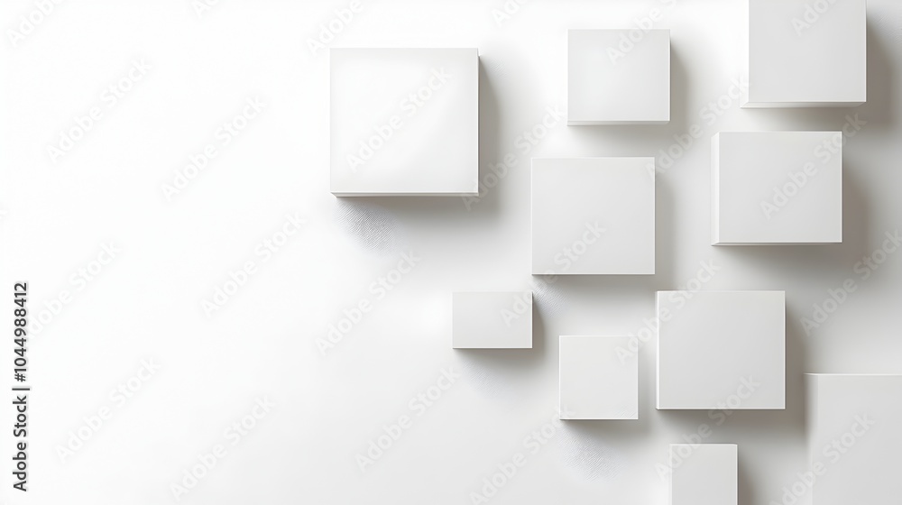 Poster Minimalist white background featuring floating geometric shapes and forms blending together in a soft sleek and futuristic light composition creating a captivating sci fi aesthetic