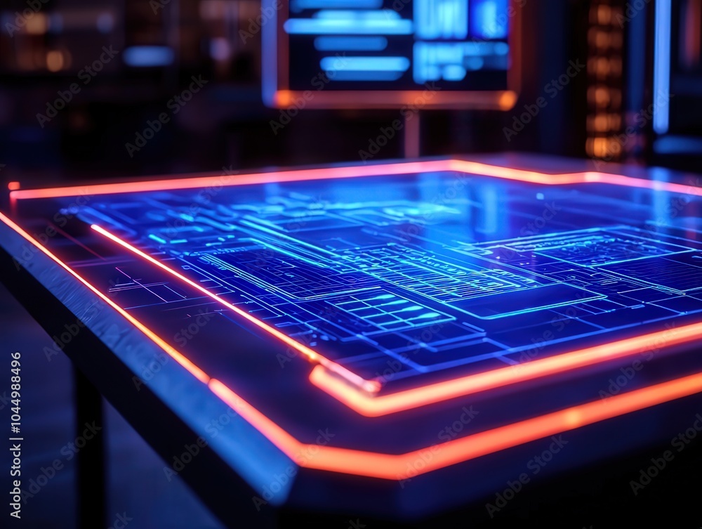 Poster futuristic interface design on a high-tech table with neon accents for modern applications