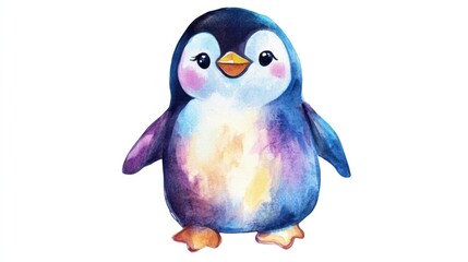 Obraz premium A watercolor illustration of a cute penguin with pink cheeks and a yellow beak, standing on a white background.