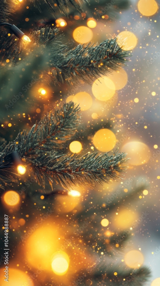 Poster a tree with lights on it and snow falling