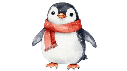 A watercolor illustration of a cute penguin wearing a red scarf, isolated on a white background. (1)