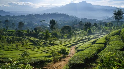 Serene Tea Plantation in a Mountainous Landscape
