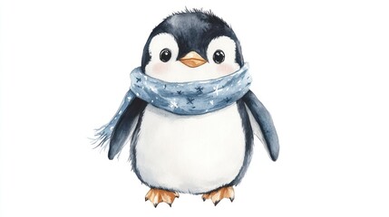 Obraz premium Cute cartoon penguin wearing a blue scarf with white snowflakes on a white background.