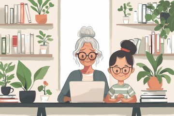 пожилая женщина и ребенок за ноутбуком изучают новые технологии