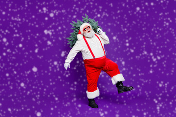 Let it snow Full length photo of funny fat santa father holding x-mas tree on shoulder wanna make perfect eve wear sun specs costume isolated purple background
