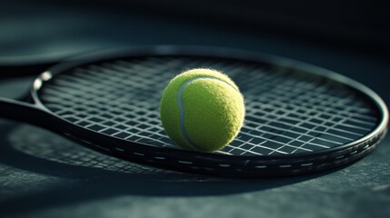A tennis ball is sitting on a tennis racket