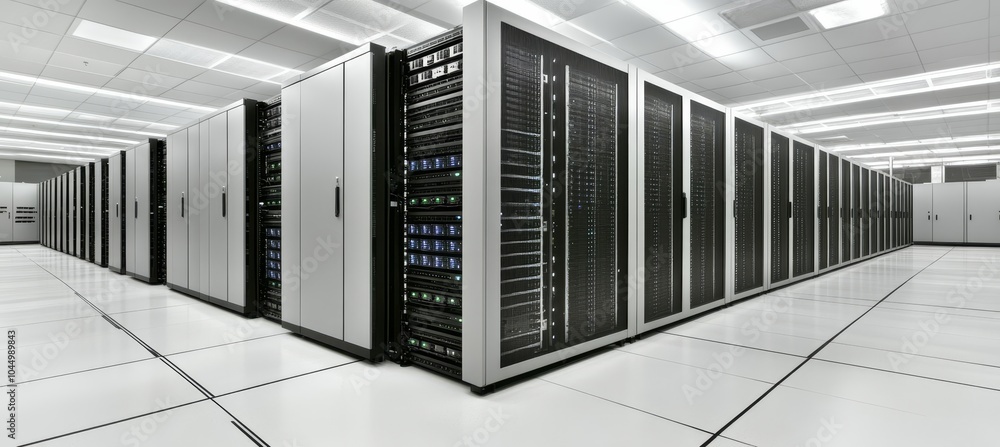 Poster rows of computer server racks in data center. technology, computing infrastructure 97 chcr
