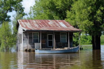A rural house surrounded by rising floodwaters, with a small boat tied to the porch, capturing the resilience and preparation of rural communities during flood events.