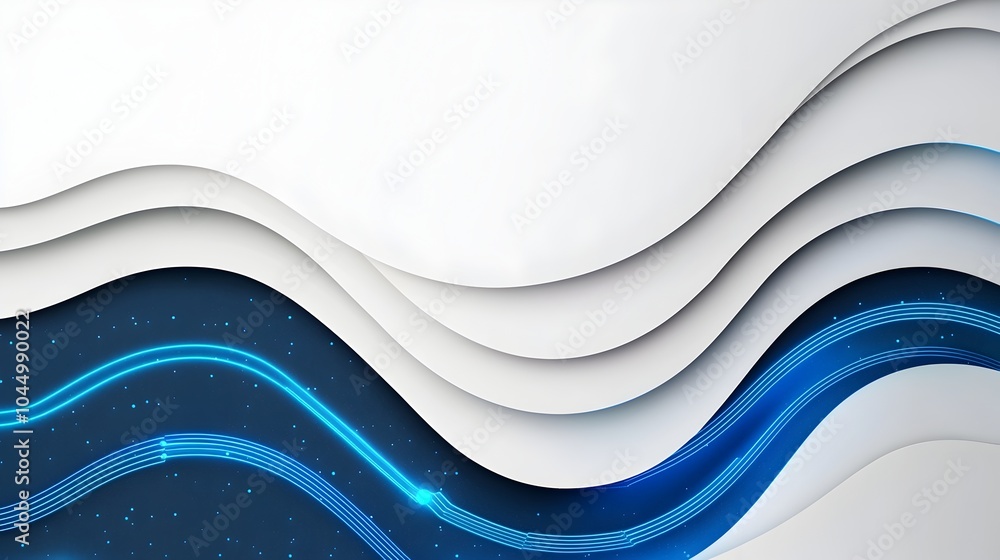 Poster Abstract digital background with overlapping 3D shapes glowing blue lines and sleek metallic surfaces blending futuristic sci fi elements for a modern and minimalist composition