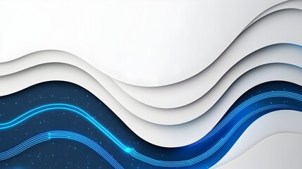 Abstract digital background with overlapping 3D shapes glowing blue lines and sleek metallic surfaces blending futuristic sci fi elements for a modern and minimalist composition