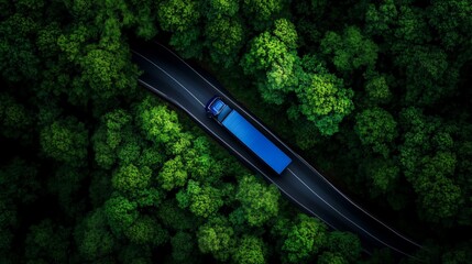 A blue semi-trailer truck driving on a winding road through a dense forest.