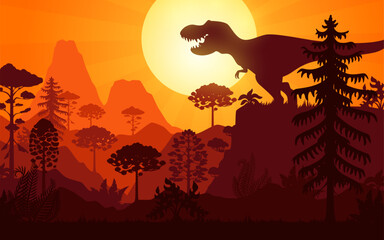 Prehistoric t rex tyrannosaurus dinosaur silhouette roar at sunset landscape with ancient trees and orange sun. Vector dusk scene of a bygone era with majestic reptile creature in ancient environment © Vector Tradition