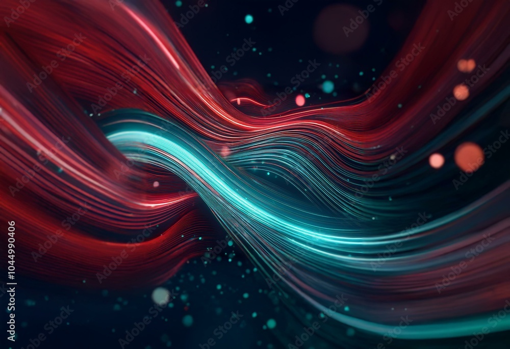 Poster abstract background with red and blue glowing lines, glowing particles, dark background, blurred sha