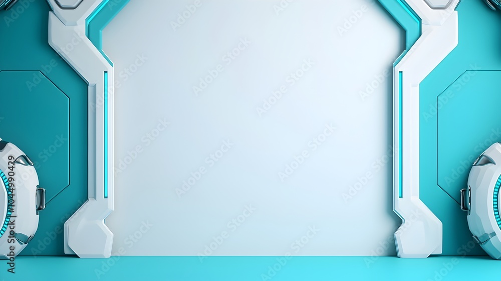 Poster minimalistic white and blue futuristic backdrop with soft blue lighting sleek metallic textures and 