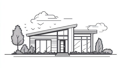 Naklejka premium Sketch of a modern house with a sloped roof, large windows, and a front door.