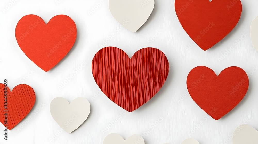 Poster Assortment of stylish red heart shape stickers in varying designs from simple to intricate arranged in a modern minimalist layout on a clean white background