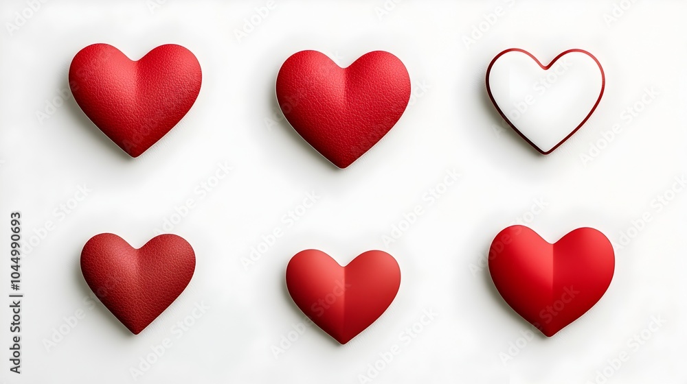 Aufkleber Collection of different shaped and sized glossy red heart stickers displayed on a clean smooth white background with subtle textures and reflective effects creating a modern romantic