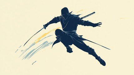Silhouette of a ninja warrior jumping with a sword in hand, against a light background with yellow and blue brushstrokes.