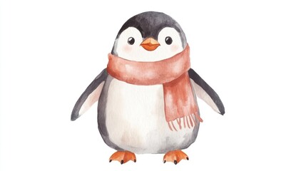 A watercolor illustration of a cute penguin wearing a red scarf, isolated on a white background.