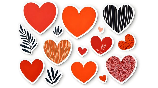 Collection of assorted red heart shaped stickers with a variety of minimalist designs from simple to detailed arranged on a clean white background for a modern and aesthetic look
