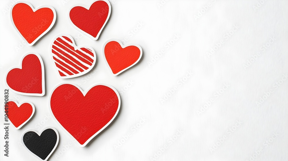 Poster collection of different sized red heart shaped stickers with glossy and matte finishes isolated on a
