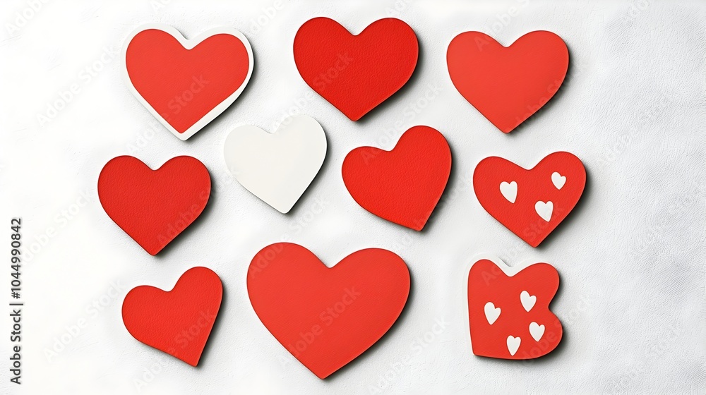 Poster assortment of various sized and styled red heart shaped stickers with glossy and matte finishes isol