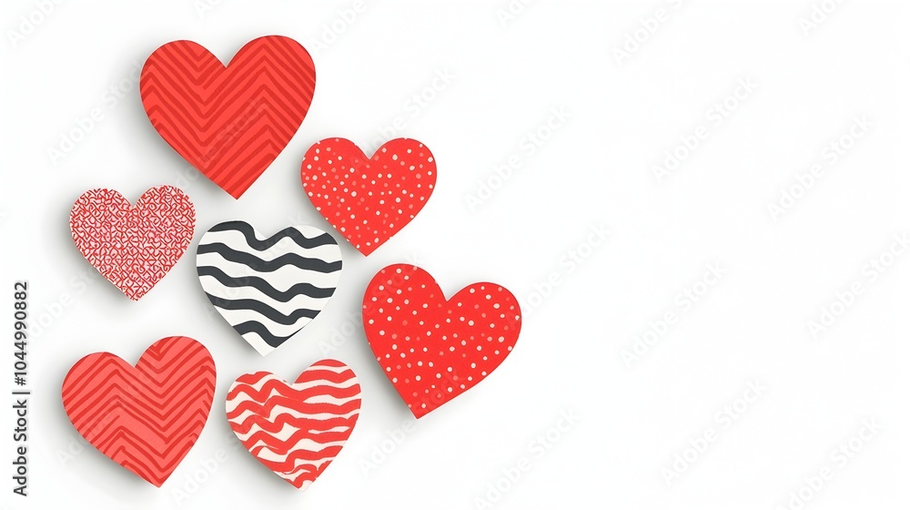 Poster Beautifully crafted set of red heart stickers with unique designs and textured patterns isolated on a clean white background with soft shadows for a elegant and contemporary look