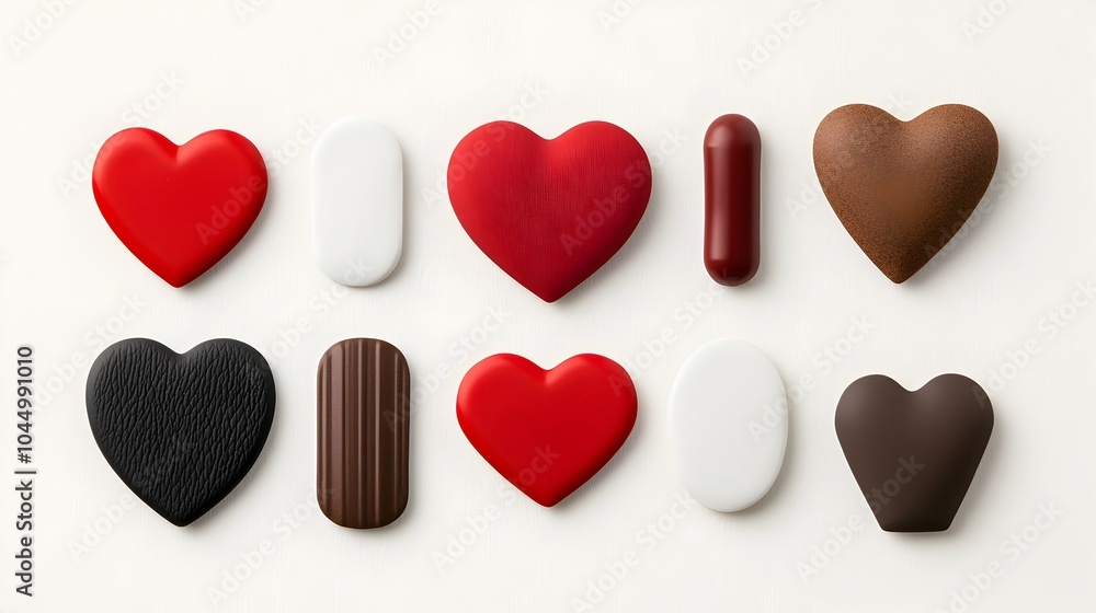 Poster diverse collection of red heart shaped stickers with different surface finishes like glossy matte an
