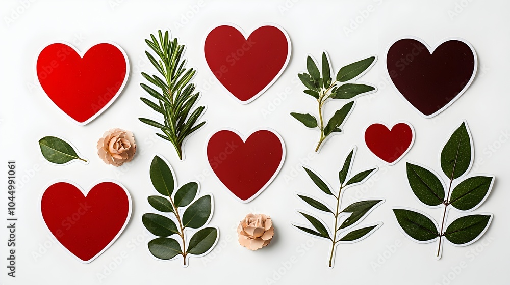 Poster assorted collection of vibrant red heart stickers showcasing a variety of glossy and matte textures 