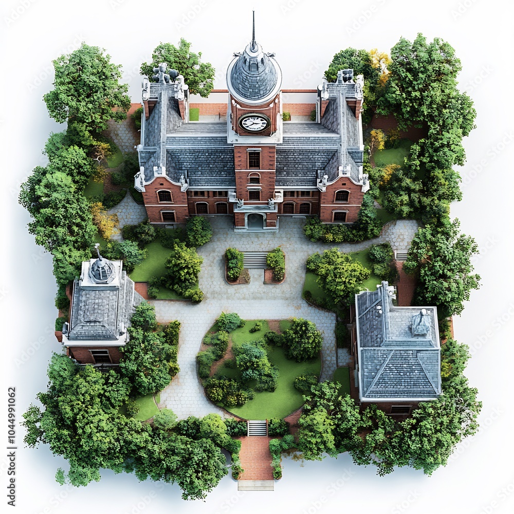 Poster top view 3d render of redbrick school building with a classic clock tower surrounded by a lush green