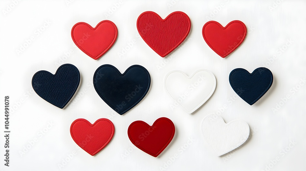 Poster Assorted collection of red heart shaped stickers in various glossy and matte textures arranged on a clean white background showcasing different sizes designs and styles for use in romantic festive