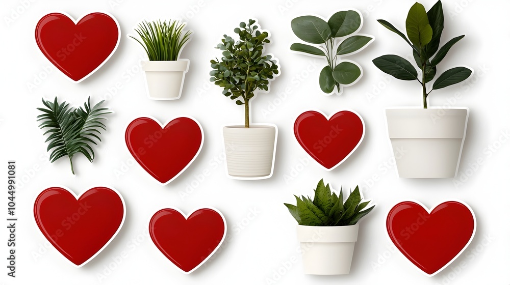 Poster Assorted red heart shaped stickers in glossy and matte textures arranged in a clean minimal layout on a bright white background showcasing various sizes and designs