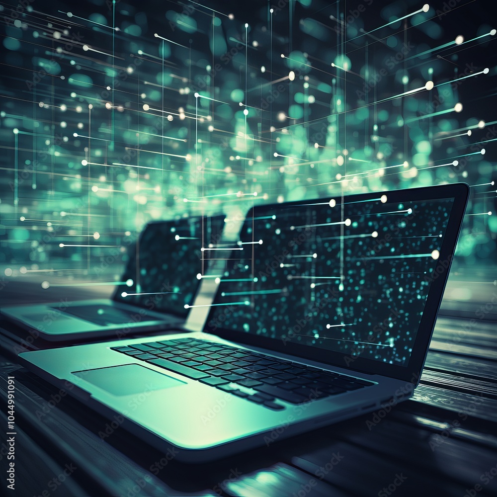Poster modern laptops displaying digital data flow in a tech-focused workspace during nighttime