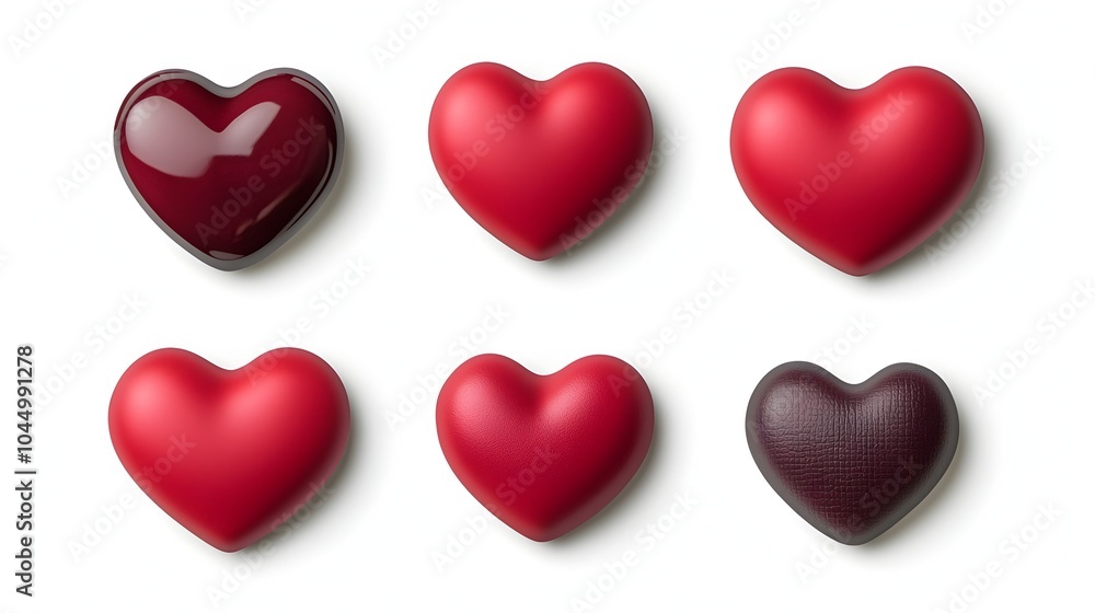 Poster Assorted collection of red heart shaped stickers in various shapes textures and finishes isolated on a bright white background for a minimalist and clean display  Perfect for Valentine s Day