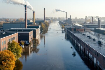 Fototapeta premium An industrial area flooded, with factories and warehouses surrounded by water, capturing the economic impact of floods on manufacturing and supply chains.