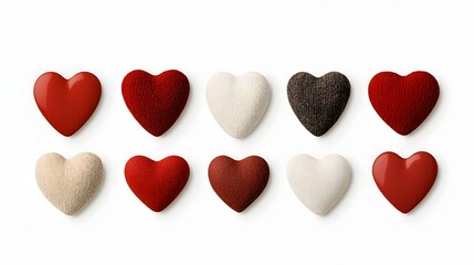 Obraz premium Diverse collection of fashionable red heart shaped stickers with unique designs glossy textures and soft shadowing arranged against a clean white background for a modern eye catching presentation