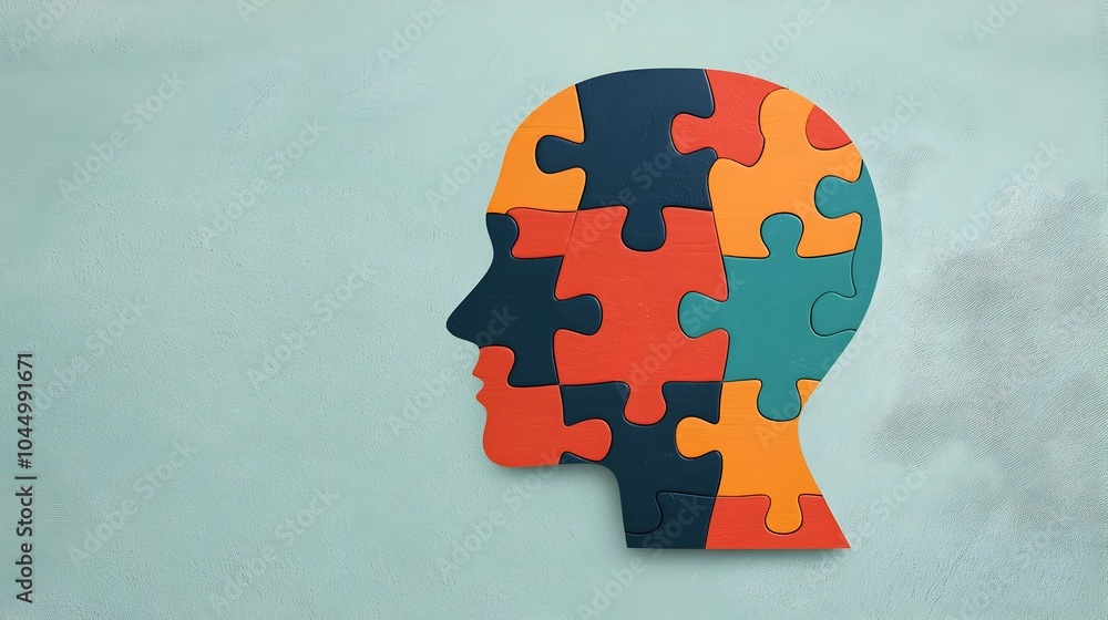 Poster conceptual of a human head made up of colorful puzzle pieces symbolizing the importance of mental he