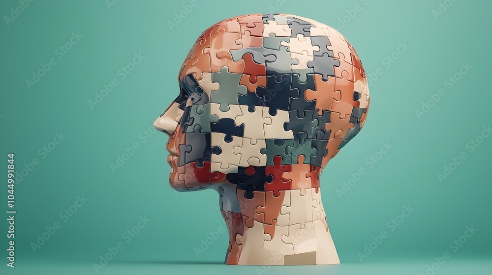 Poster An conceptual depicting a human head formed by interconnected puzzle pieces symbolizing the complexities and intricacies of mental health