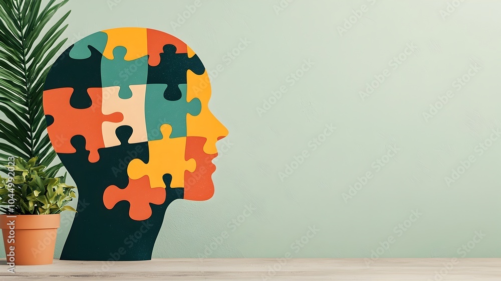 Poster abstract puzzle head with pieces fitting together symbolizing mental health recovery and personal gr