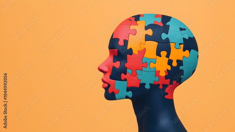 Poster visually striking of a puzzle piece in the shape of a human head symbolizing the complex and multifa