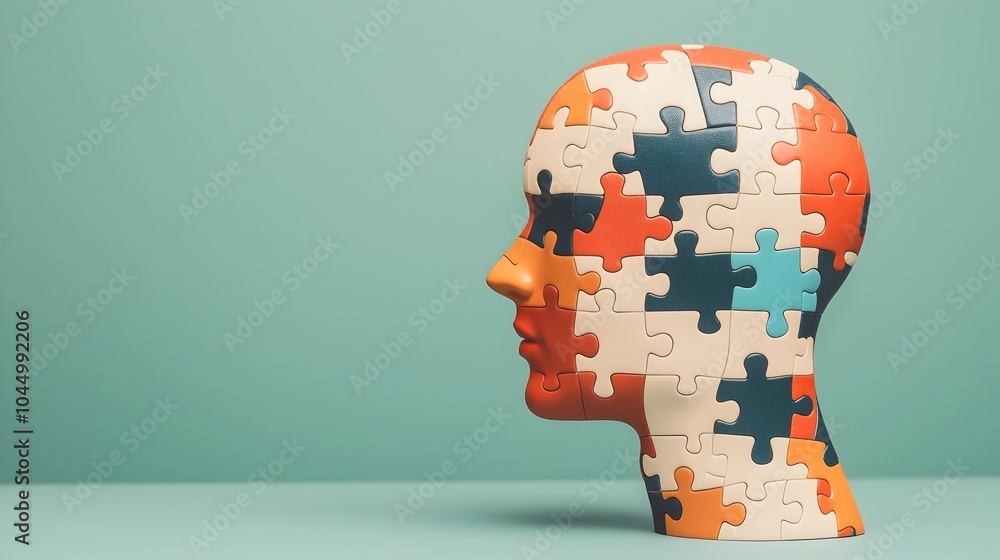 Poster digitally created abstract image of a human head composed of complex puzzle pieces representing the 