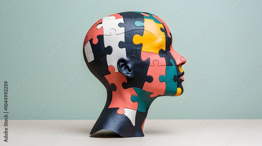 Poster fragmented human head constructed from puzzle pieces highlighting mental health and psychological we